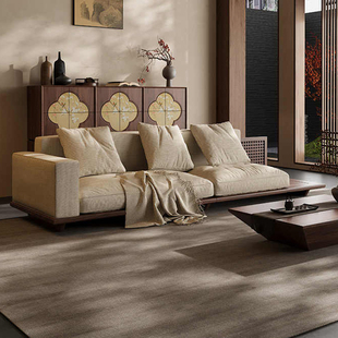 宋式美学黑胡桃木实木沙发四人位直排客厅棉麻家用布艺沙发组合