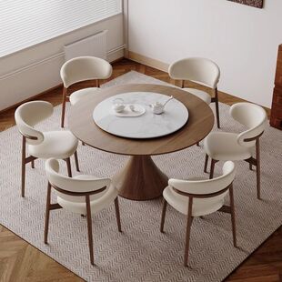 岩板古风实木圆形餐桌餐桌椅简约组合小户型家用饭桌转盘北欧圆桌