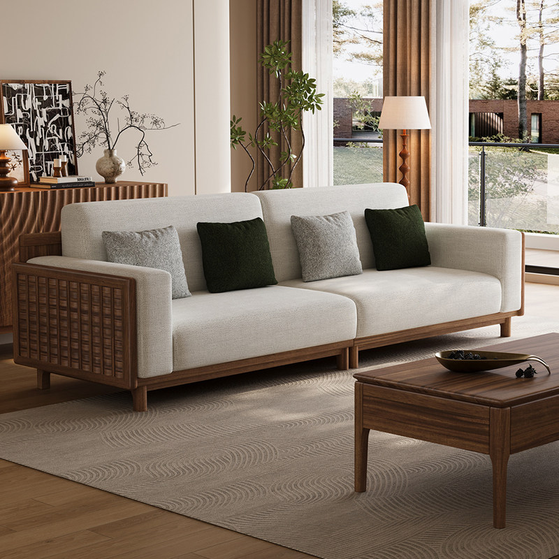 2026新款黑胡桃木实木沙发组合简约客厅家用新中式实木布艺沙发