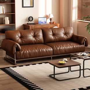 黑胡桃木实木沙发头层牛皮客厅家用中古风高端四人位直排真皮沙发