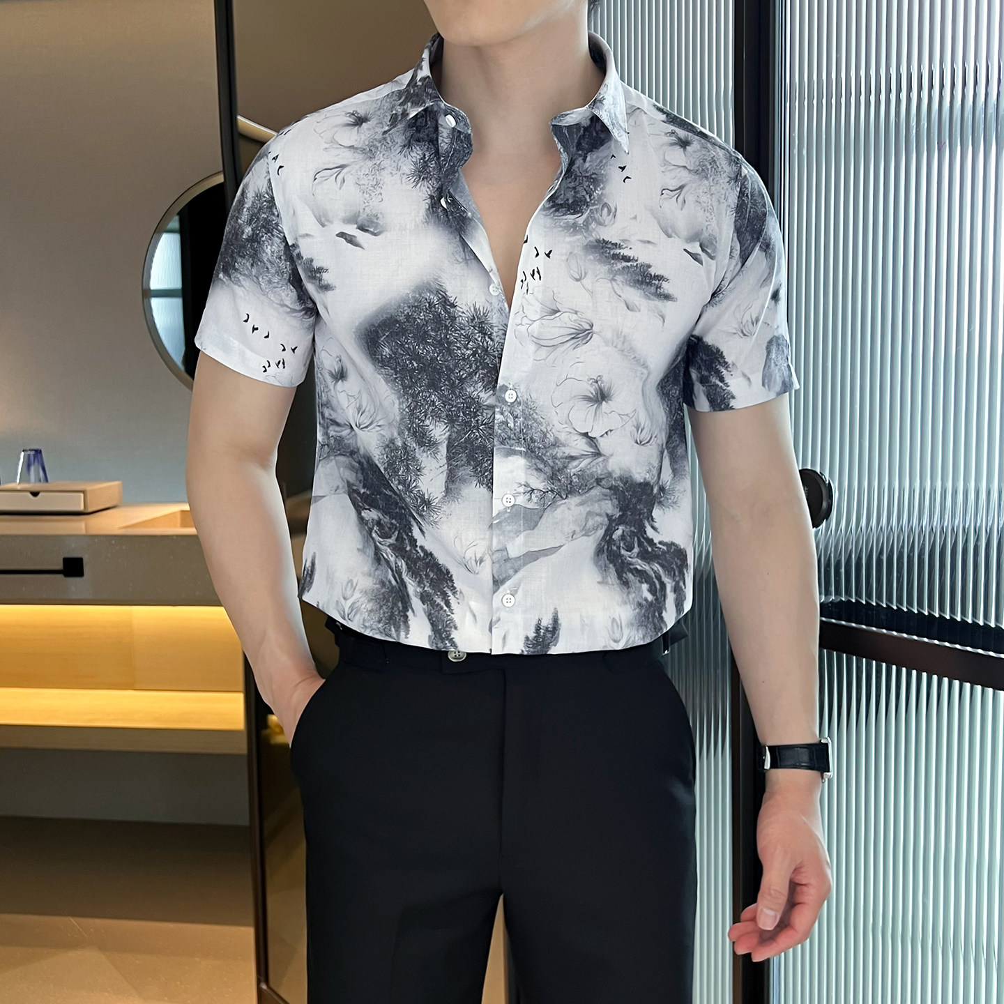 衬衫男水墨印花休闲百搭