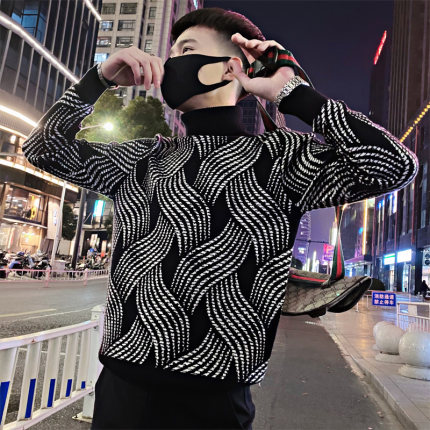 高领好看的毛衣男士秋冬季潮牌条纹针织衫打底2023年内搭保暖线衣
