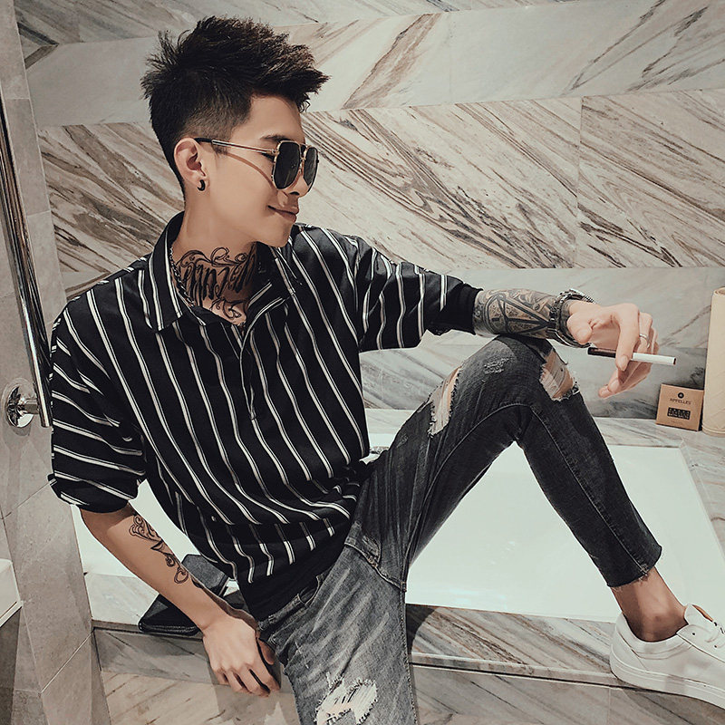 2023年夏季新款韩版印花男七分袖衬衫潮牌百搭帅气衬衣发型师痞帅