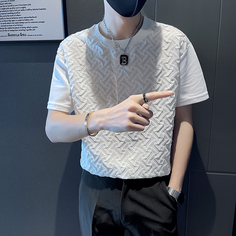 褶皱冰丝白色潮男T恤短袖2023凉感衣服高级感男装上衣夏款体恤衫