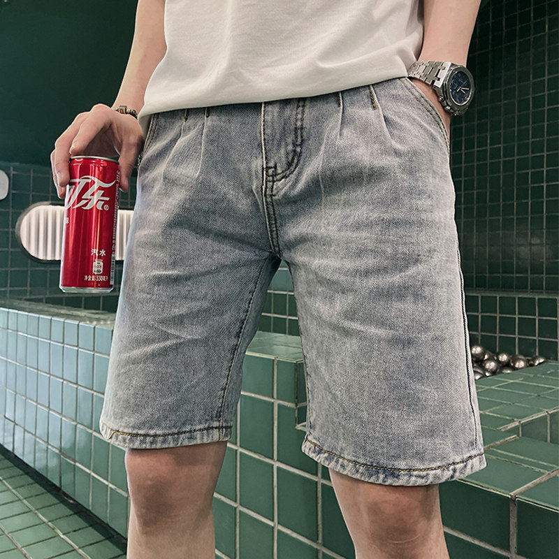 潮牌破洞牛仔短裤男2023新款百搭五分裤痞帅休闲男裤夏季浅蓝色帅