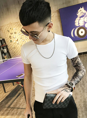 精神小伙纯色白色打底衫短袖T恤男修身夏季紧身衣服韩版2024新款