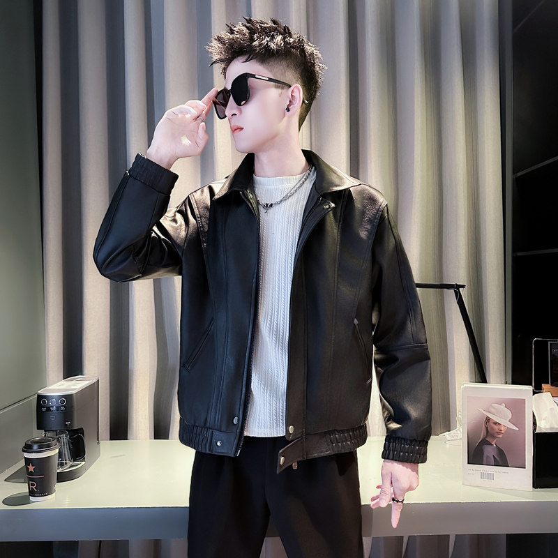 男重磅翻领秋冬季外套男款机车服