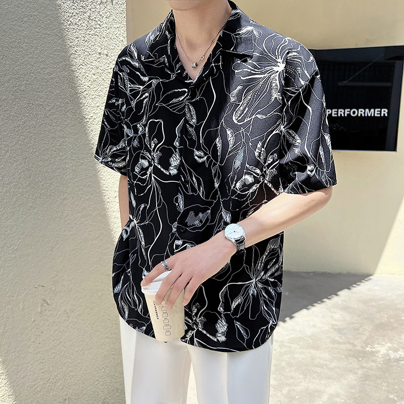 夏季短袖衬衫男黑色休闲七分袖寸衫上衣2023新款潮流宽松冰丝衬衣