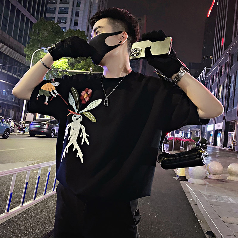 高级感刺绣上衣男装2024新款夏装宽松圆领黑色痞帅潮牌T恤半截袖