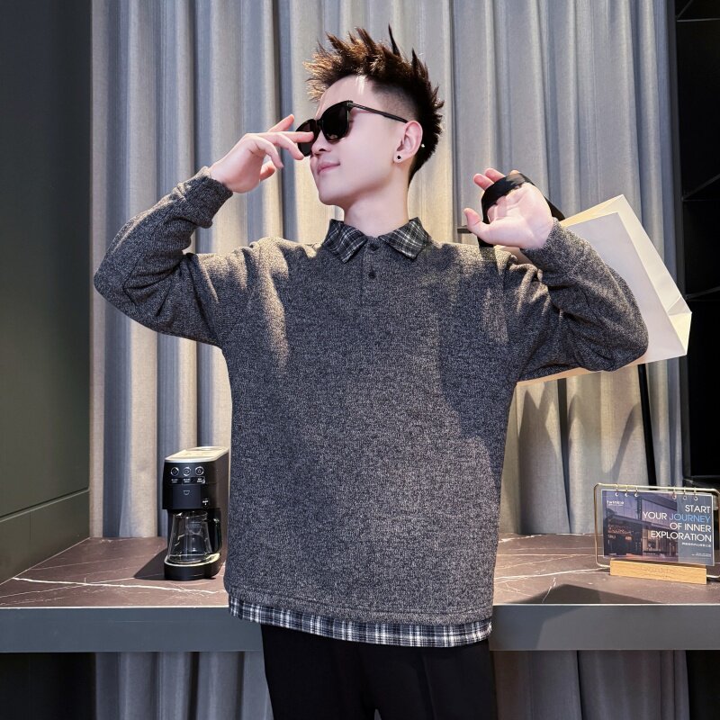 假两件格子毛衣男痞帅修身针织衫内搭高级感潮流保暖秋冬季打底衫