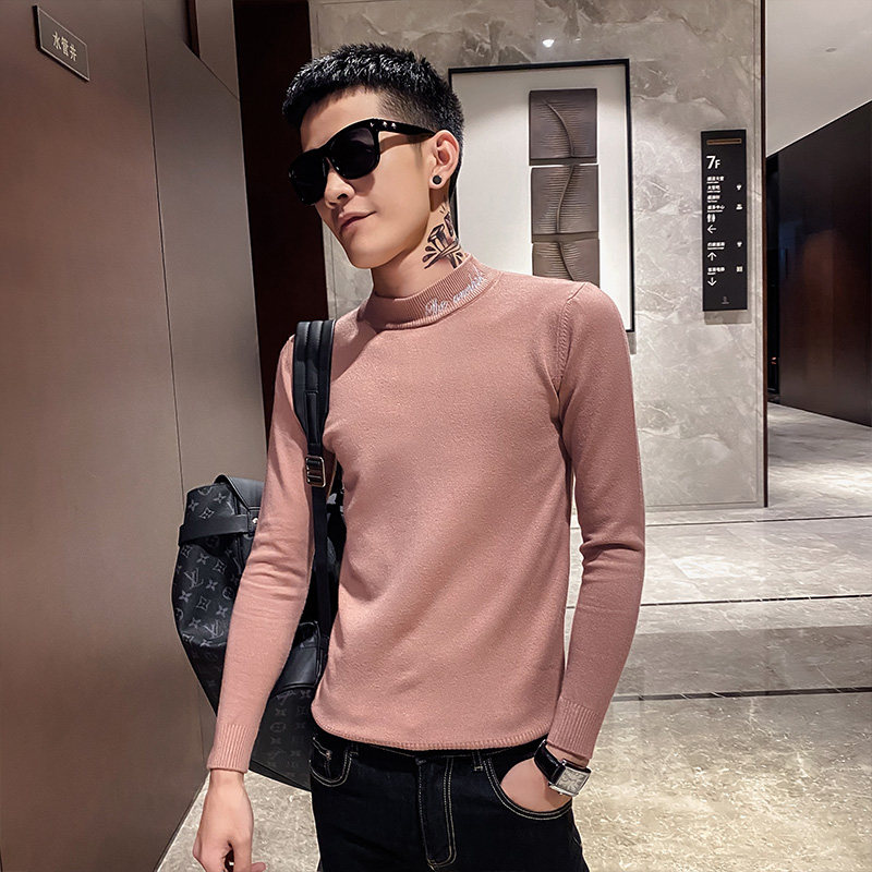 精神小伙秋冬季长领打底衫男士修身刺绣毛线衣2023秋冬季新款爆款