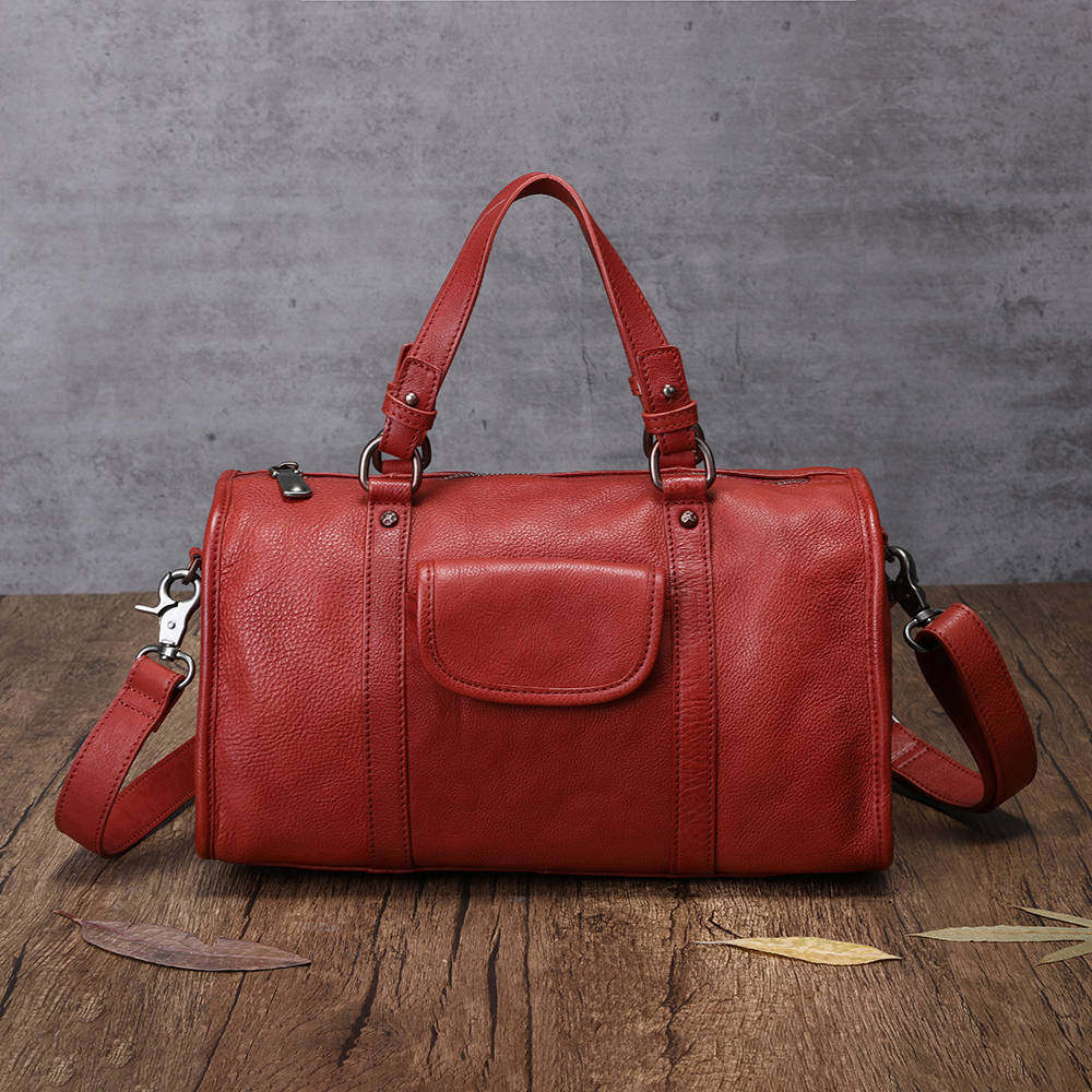 真皮手提包女2020新款日系简约复古单肩斜挎中包大容量女波士顿包