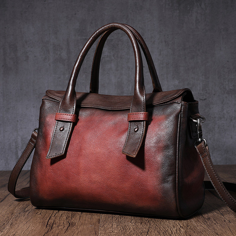 复古手工真皮女波士顿包软皮大容量手提包头层牛皮单肩斜跨包女包