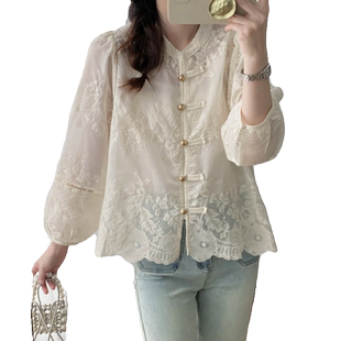新中式蕾丝刺绣衬衫女长袖2025夏季薄款天丝提花防晒衬衣国风上衣