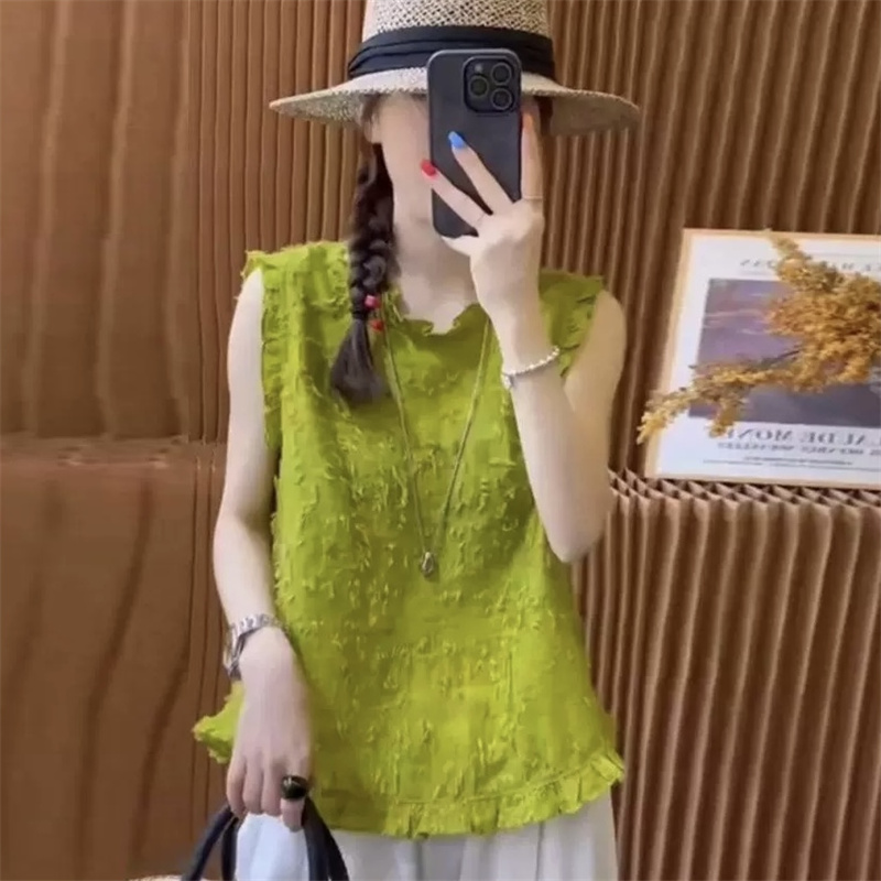 法式复古绿色无袖背心女2025夏季