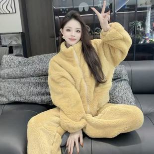宽松保暖家居服可外穿两件套潮 女韩版 冬季 加厚珊瑚绒立领睡衣套装