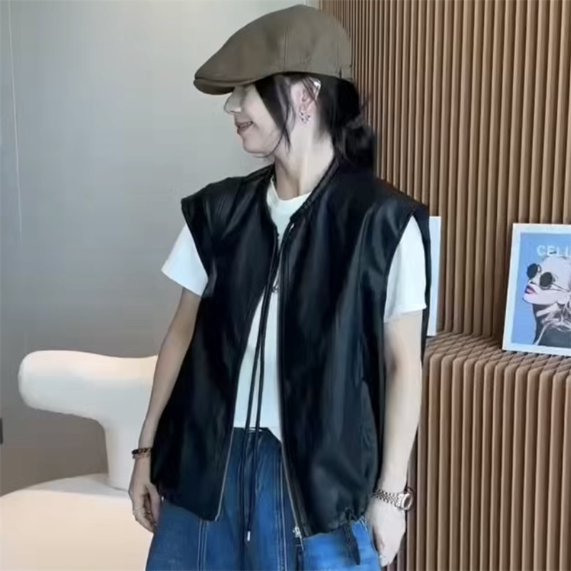重工机车服抽绳皮马甲外套