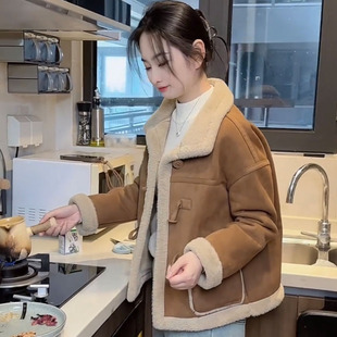 欧货新韩版皮毛一体外套女宽松麂皮绒羊羔毛秋冬保暖长袖外套上衣