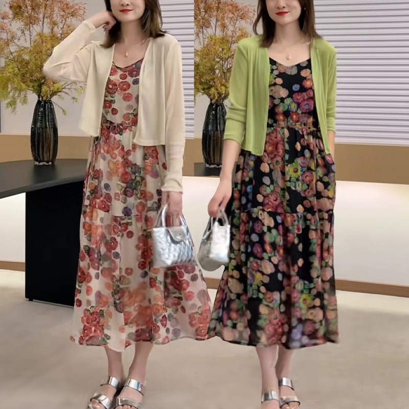 嘉菲梦娜2024碎花吊带裙开衫套装