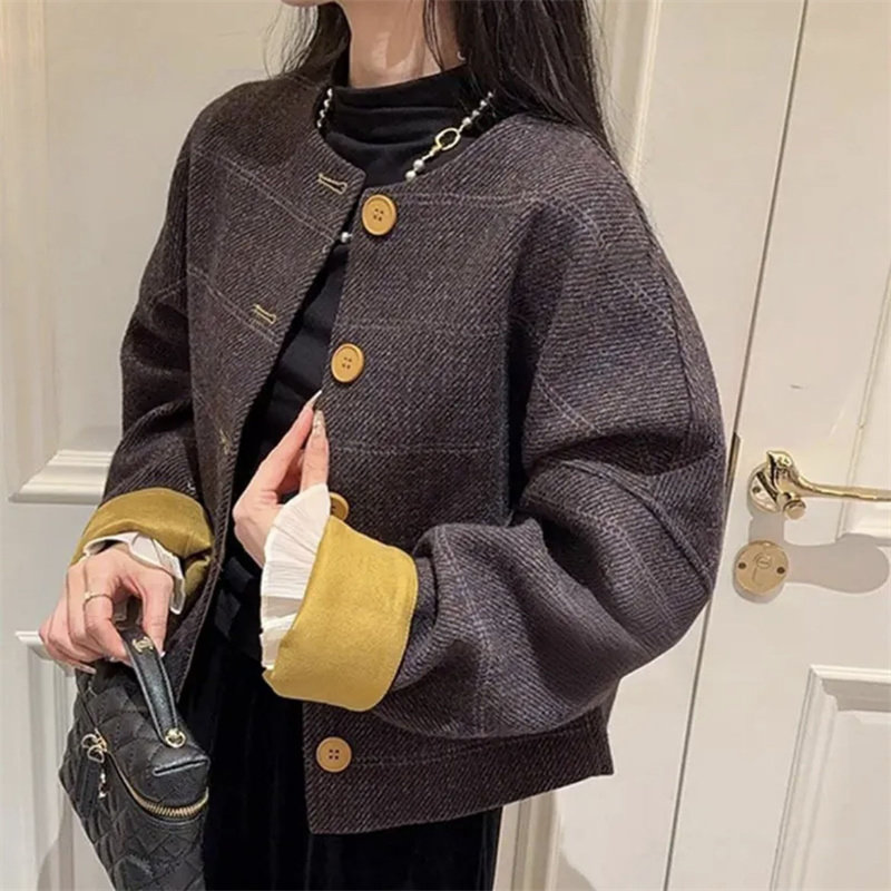 小香风复古圆领撞色格子拼接毛呢短外套女士2025秋冬新款百搭上衣,女装/女士精品,短外套,淘宝优惠券,粉丝福利购,淘宝优惠卷
