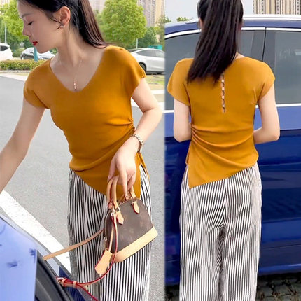 2025新款夏季设计感洋气时尚不规则曲珠冰丝针织衫短袖洋气上衣潮
