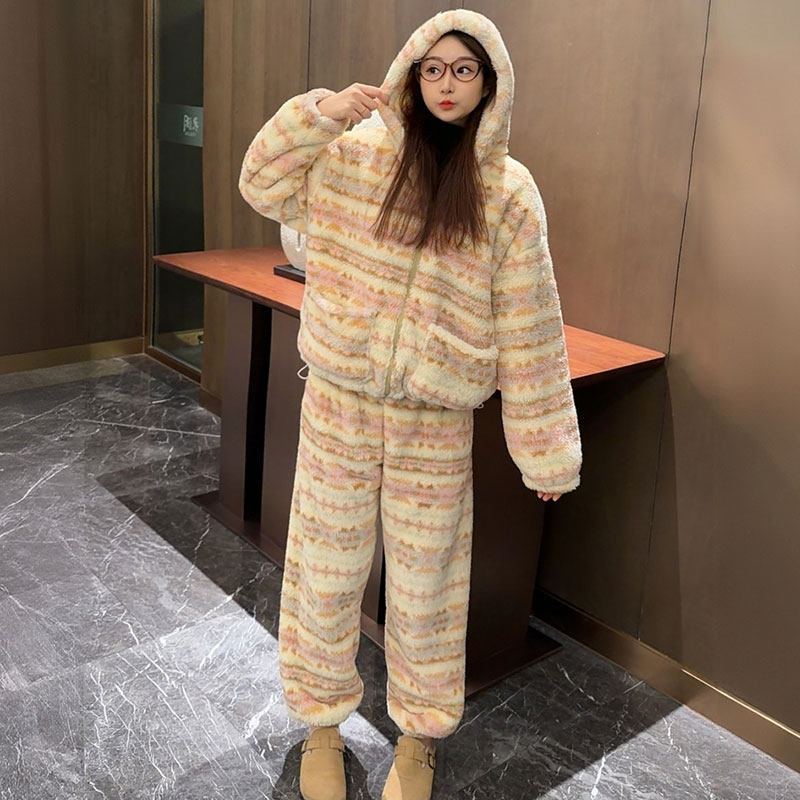 慵懒风复古米杏拼粉连帽对条睡衣套装2025秋冬新款宽松加厚居家服,女装/女士精品,时尚套装,淘宝优惠券,粉丝福利购,淘宝优惠卷