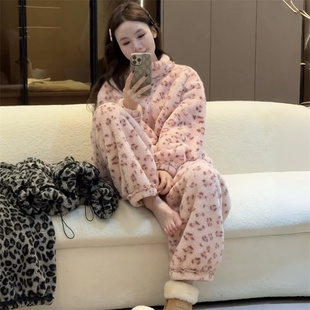 甜美粉色豹纹珊瑚绒加厚保暖睡衣家居服套装 两件套 女2025秋冬新款