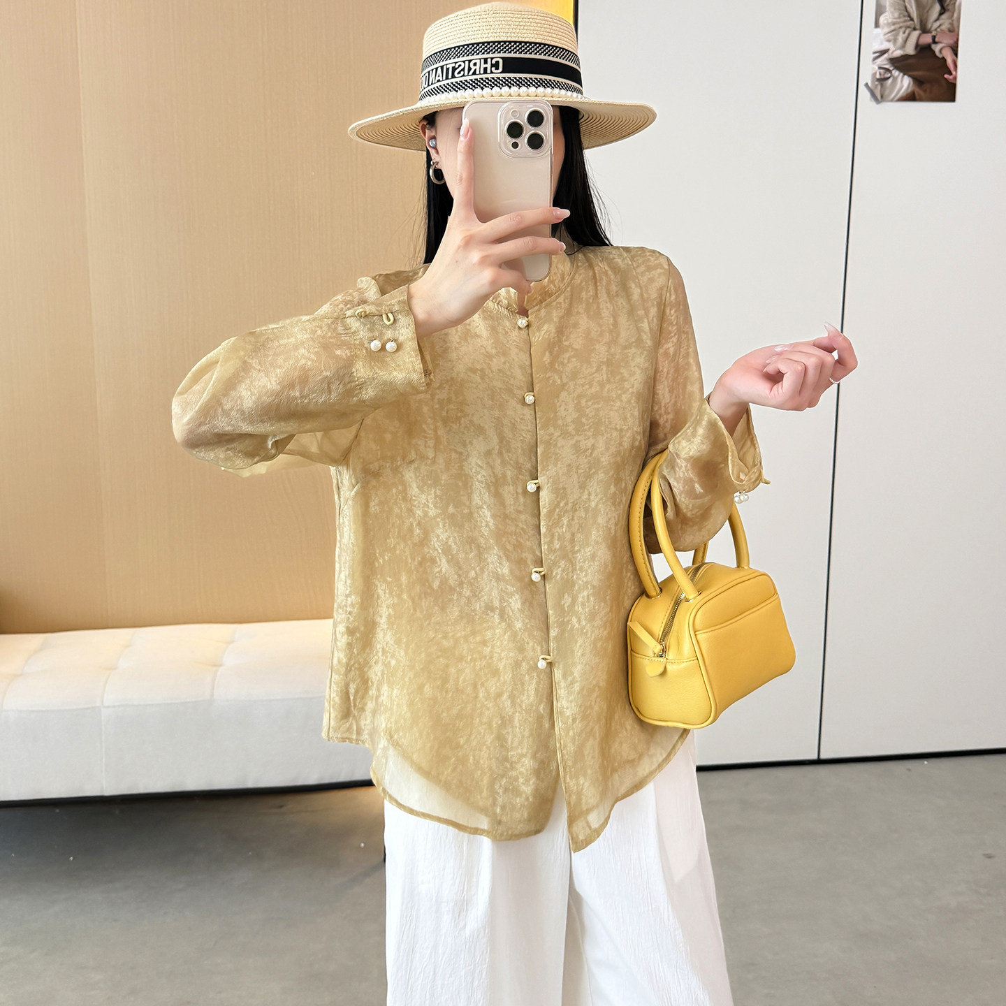新中式国风立领珍珠扣衬衫女夏季肌理感衬衣宽松显瘦气质通勤上衣