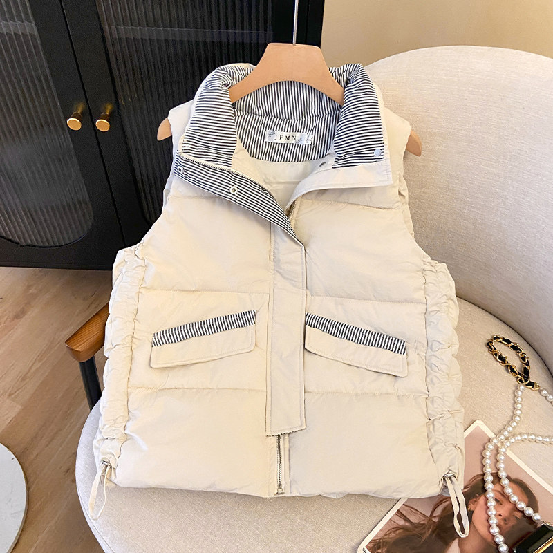 百搭羽绒棉马甲女坎肩2025秋冬季口袋条纹格子设计无袖马夹上衣