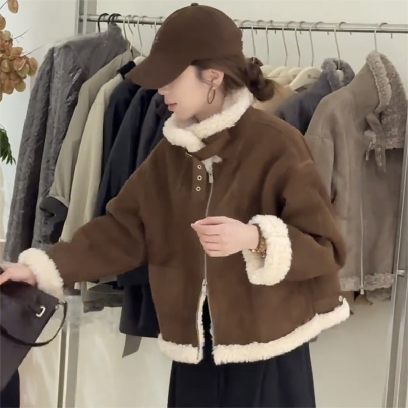 立领毛毛拼接机车服短外套