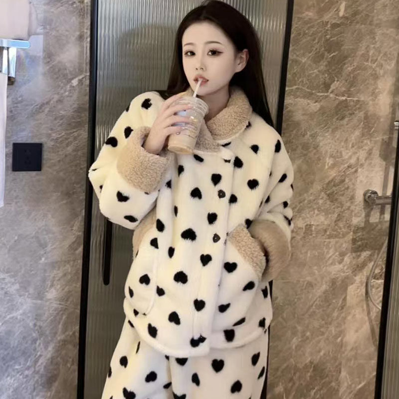 冬季慵懒风黑色爱心加绒加厚睡衣套装舒适保暖毛毛领家居服两件套,女装/女士精品,时尚套装,淘宝优惠券,粉丝福利购,淘宝优惠卷