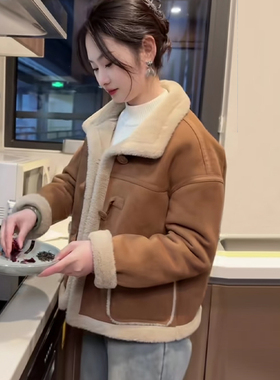 欧货新韩版皮毛一体外套女宽松麂皮绒羊羔毛秋冬保暖长袖外套上衣