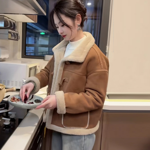 欧货新韩版 外套上衣 皮毛一体外套女宽松麂皮绒羊羔毛秋冬保暖长袖