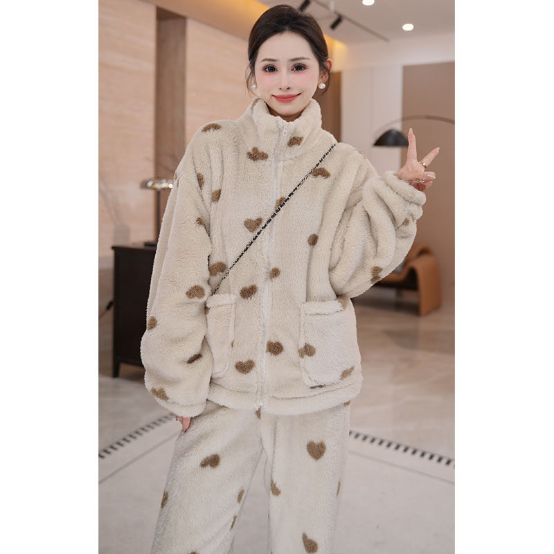 可外穿舒适保暖立领爱心印花睡衣套装女士冬季宽松加绒加厚两件套,女装/女士精品,时尚套装,淘宝优惠券,粉丝福利购,淘宝优惠卷