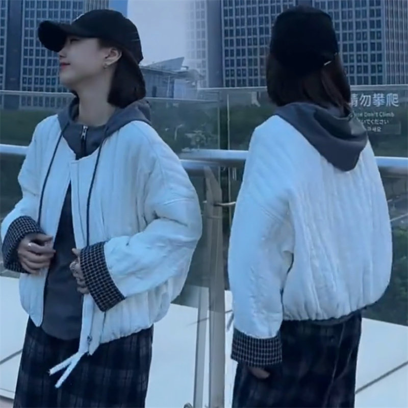 秋冬季新款圆领休闲口袋短外套时尚气质压棉宽松百搭棉服上衣女士