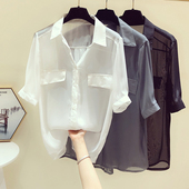 设计感小众纽扣短袖 雪纺衬衫 薄款 polo领上衣2024夏季 上衣 女韩版