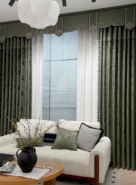 高端定制窗帘法式美式轻奢面料高端别墅客厅提花窗帘墨绿色全遮光