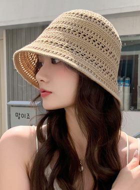 镂空针织渔夫帽子女2025新款日系水桶帽ins文艺薄款透气钩针盆帽