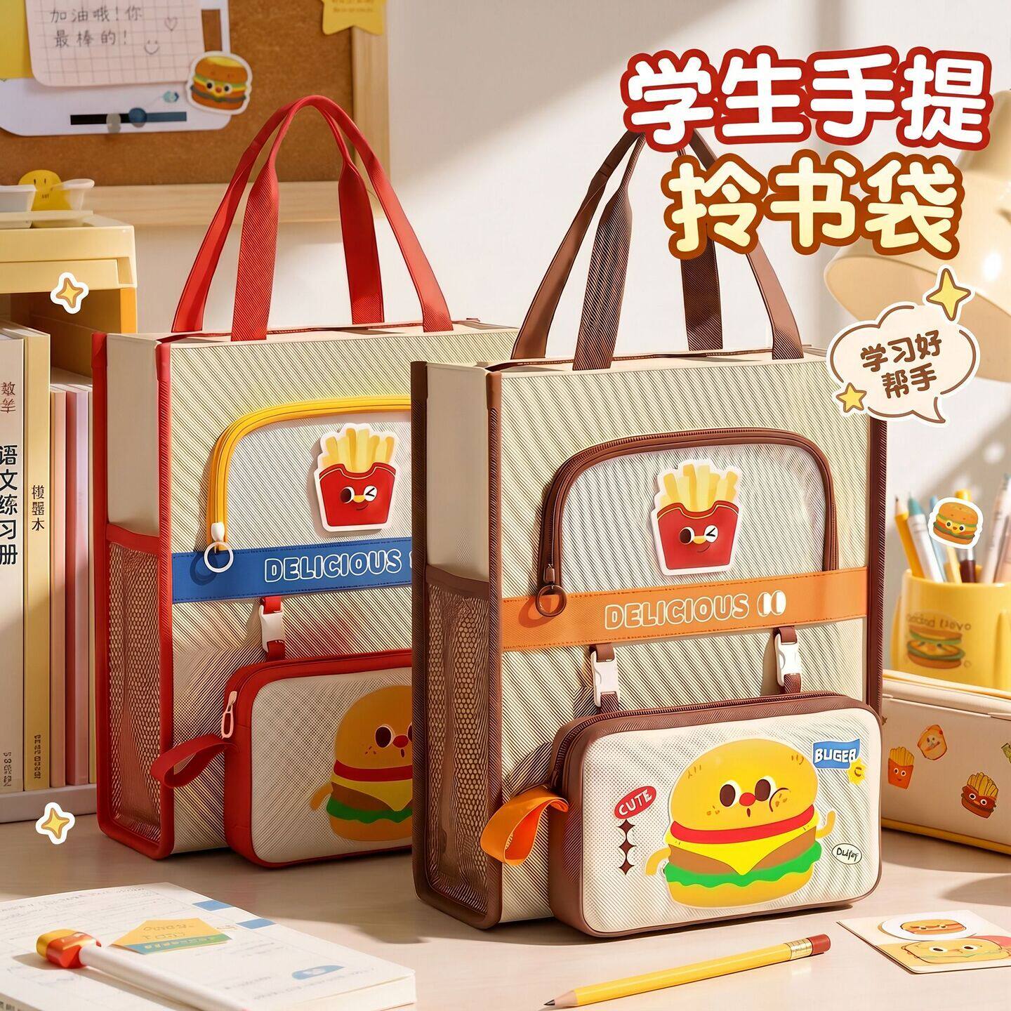 汉堡薯条小学生手提袋拎书包儿童学习班补课美术袋补习袋女孩收纳