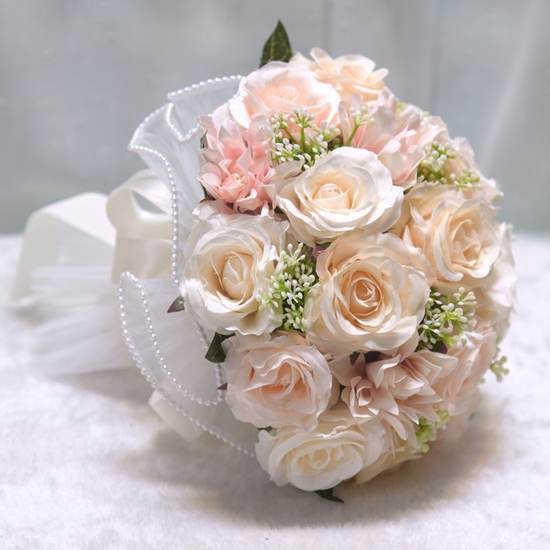 香槟粉色新娘手捧花仿真抛花球领证假花清新结头纱婚纱照道具旅拍