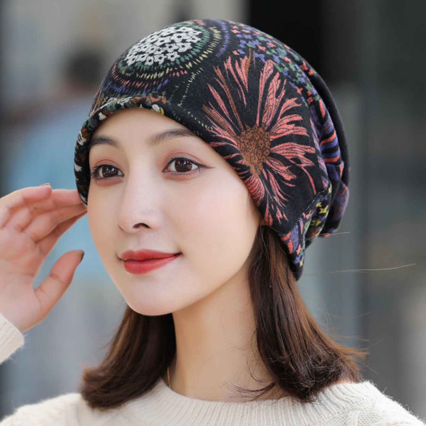 妈妈帽子女秋冬韩版多用头巾帽包头帽套头帽脖套印花堆堆帽护耳帽