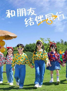 儿童啦啦队演出服幼儿园港风花衬衫复古短袖小学生运动会表演服装