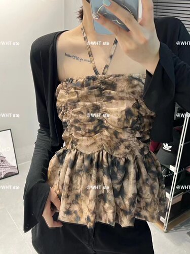 WHT复古水墨晕染挂脖吊带上衣+短款防晒开衫外套薄款百搭两件套女