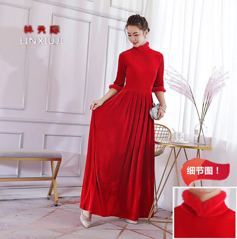 春季金丝绒连衣裙大摆长裙毛领旗袍裙复古礼服大红新娘结婚敬酒服