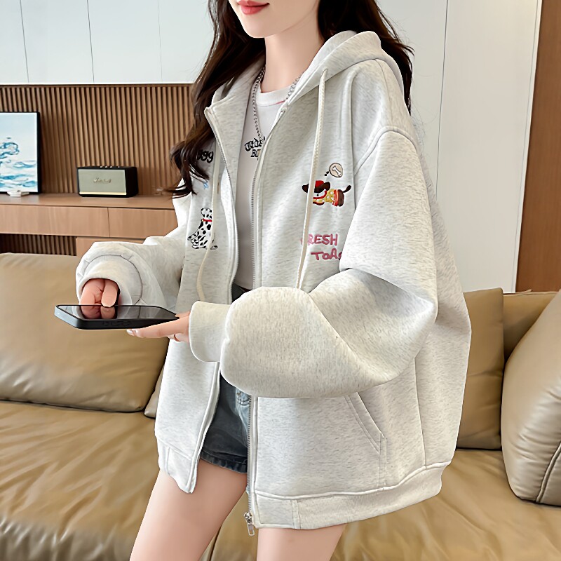 韩系小狗刺绣开衫卫衣女2026春秋季新款初高中学生连帽棒球服外套