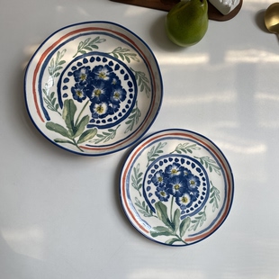 原单尾货 高颜值陶瓷手绘釉下彩盘子菜盘家用深汤盘木质高脚果盘