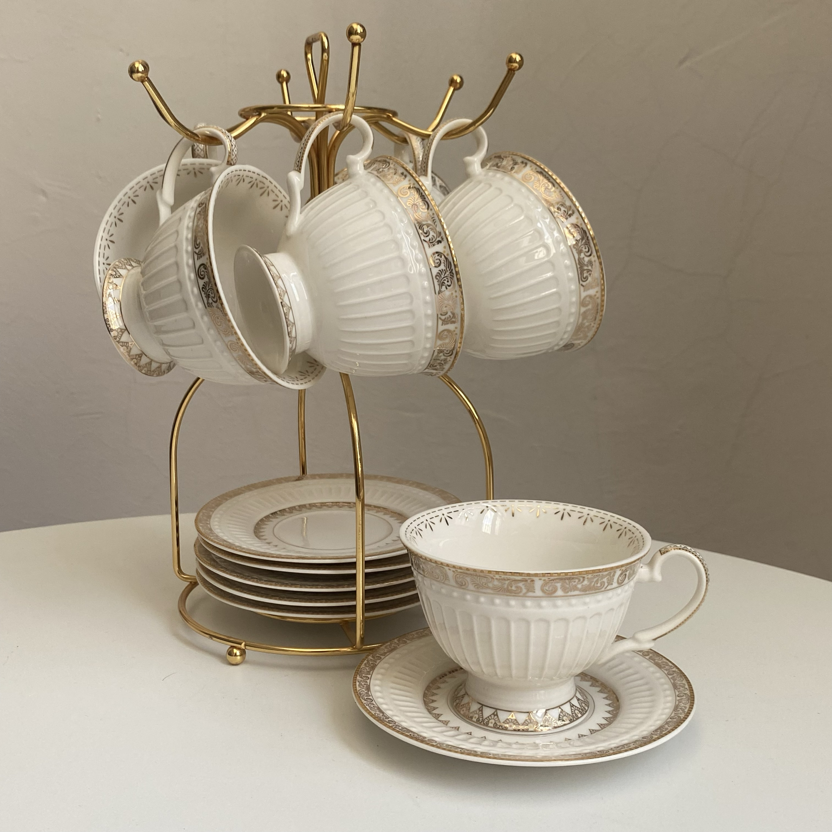 高档欧式描金奢华陶瓷咖啡杯碟配架子家用浮雕复古下午茶花茶杯子