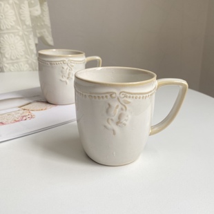 法式复古陶瓷浮雕马克杯水杯家用牛奶杯子侘寂风釉下彩茶杯高颜值
