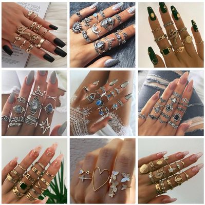 2021 Fashionable women's 11 Piece retro Silver Ring Set