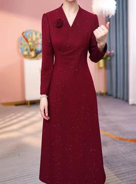 连衣裙新款女春秋喜婆婆婚宴装气质礼服高贵洋气显瘦冬款结婚红色